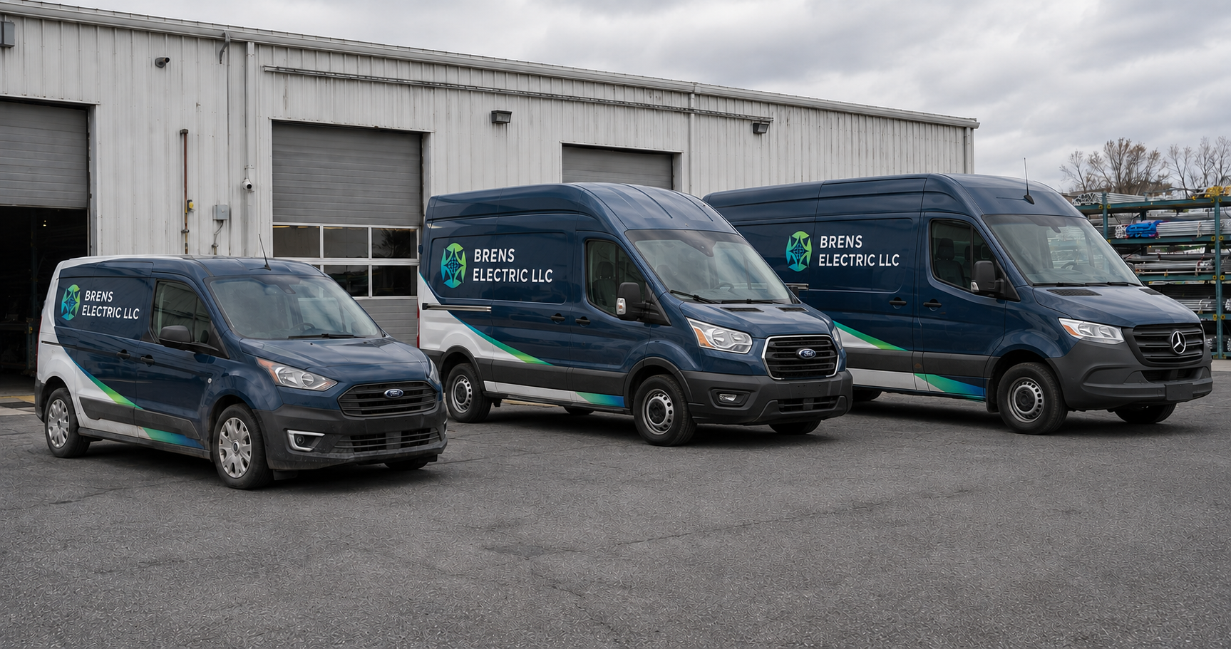 Brens Electric Ford Transit 350, Mercedes-Benz Sprinter and compact service fleet outside an electrical contractor warehouse