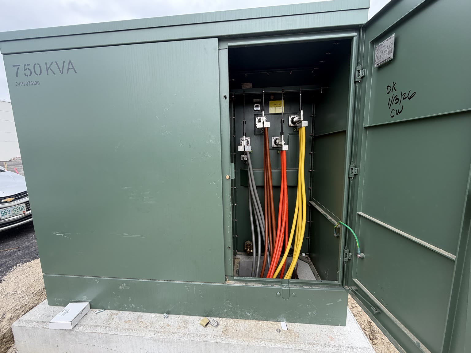 Completed 750 kVA transformer secondary conductors organized by phase