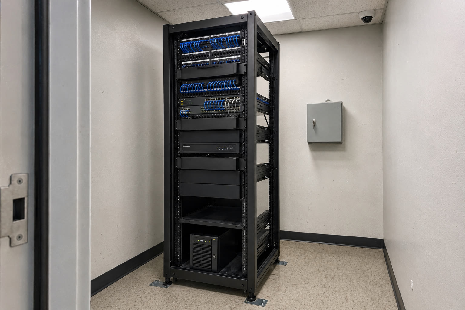 Finished commercial IT room with an anchored data rack, structured cabling, network switches, CCTV and access control