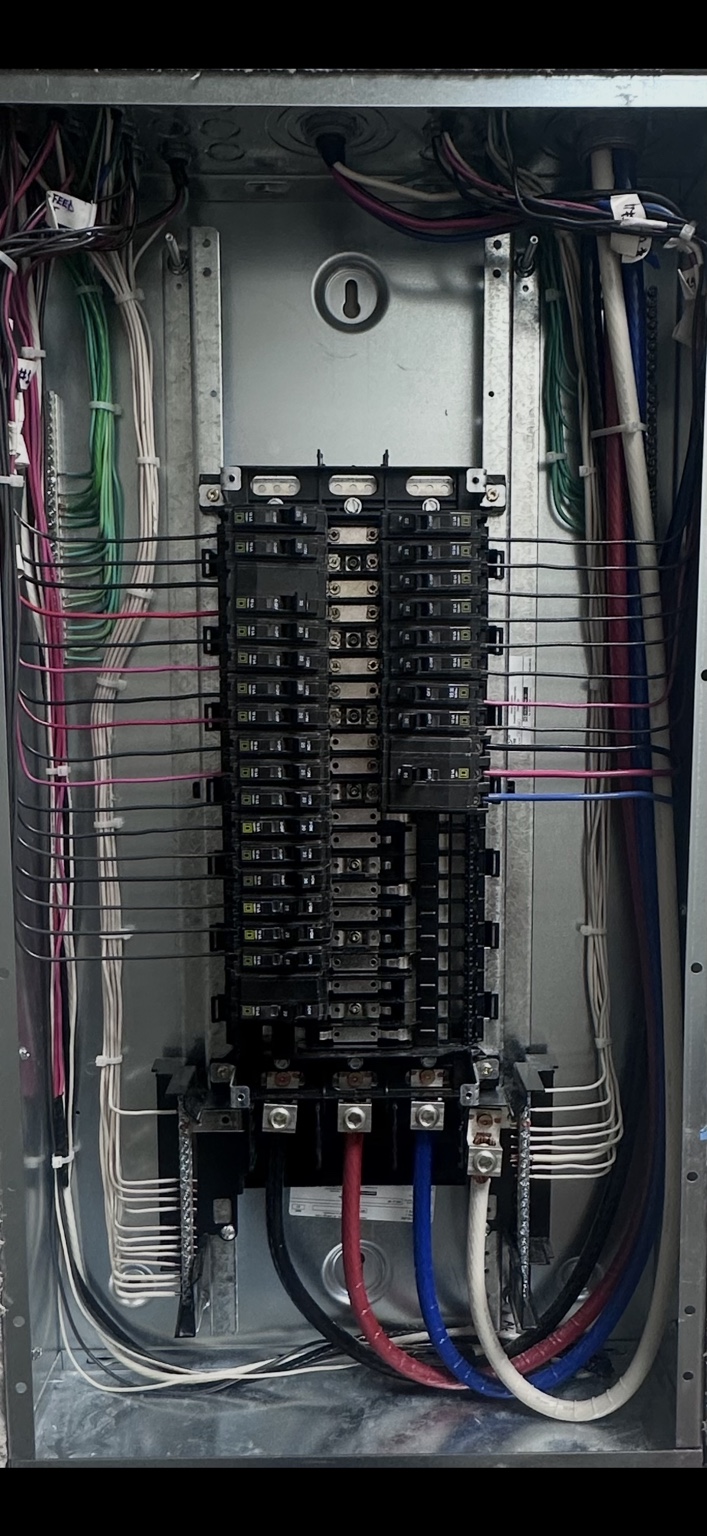 Clean completed commercial electrical panelboard with organized branch circuits